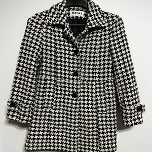 Vintage Trendz Womens Black White Houndstooth Wool Coat Size Large